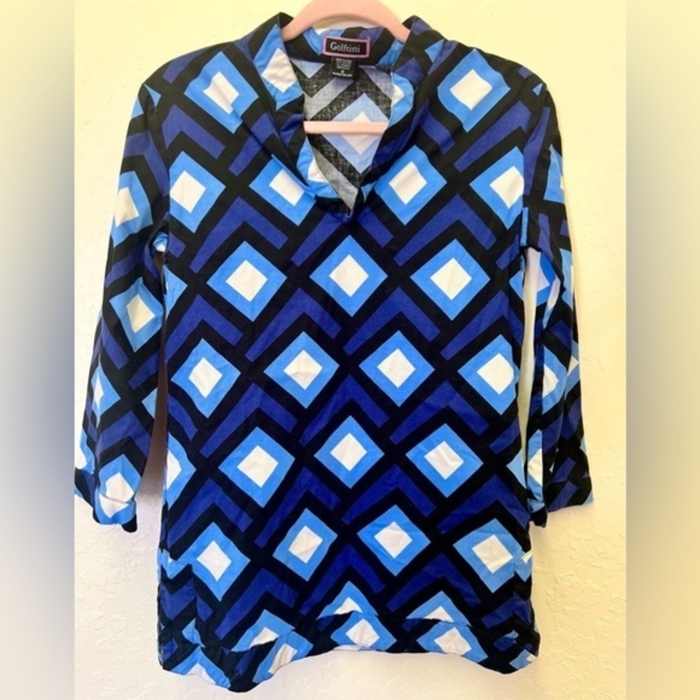 Golftini Blue Geometric‎ 3/4 Sleeve Tunic Shirt Sz S EUC